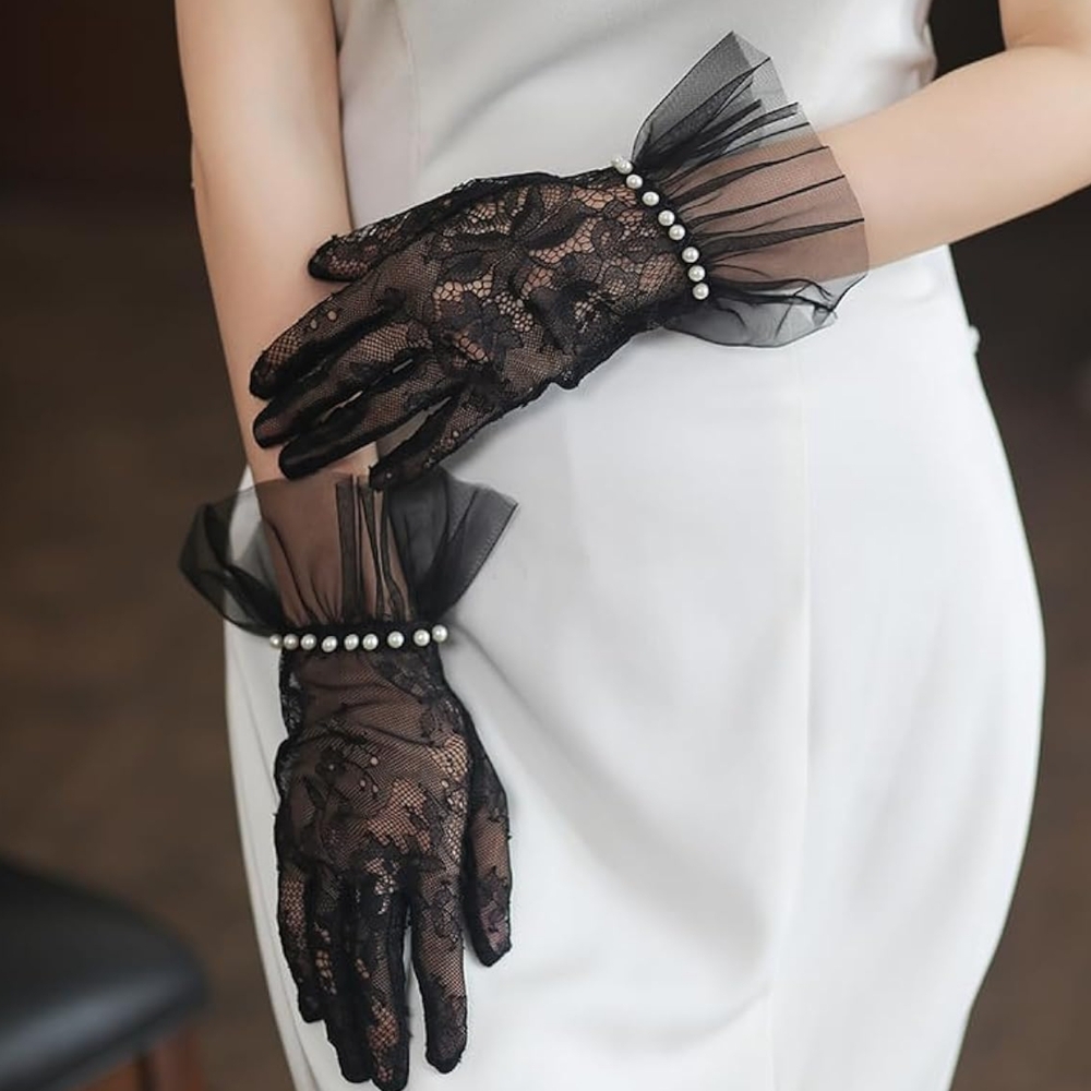 Elegant Black Lace Ruffled Cuff Gloves Pearls Bridal Tea Black Tie Church Derby